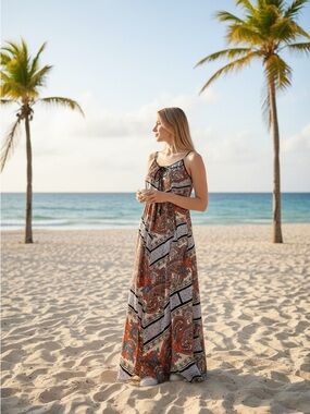 Aakaa Cream, Rust & Black Paisley-Stripe Spaghetti-Strap Maxi Dress